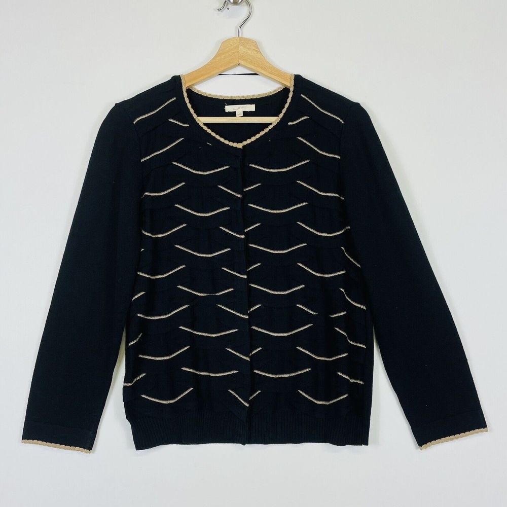 Mystree Cardigan Sweater Womens Large Black‎ Gold Scalloped Art Deco Preppy